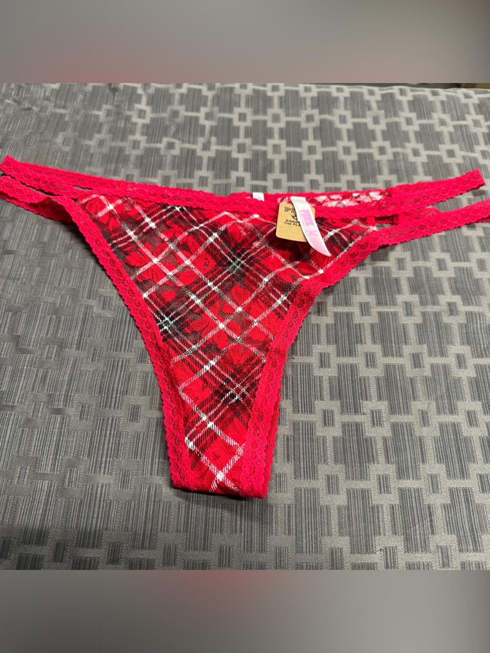 Victoria's Secret Red Plaid Lace-Trim Thong
